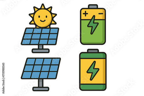 Icons representing sustainable energy sources and storage showcasing solar power panels with smiling sun and green battery technology symbols for eco-friendly solutions vector cartoon illustration