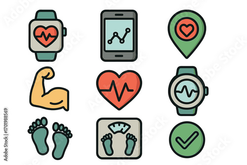 Health and fitness icons for tracking features. Vector set for wearables, smart watch, and devices. Heart rate, steps, weight, and workout monitoring symbols. Healthy lifestyle concept.