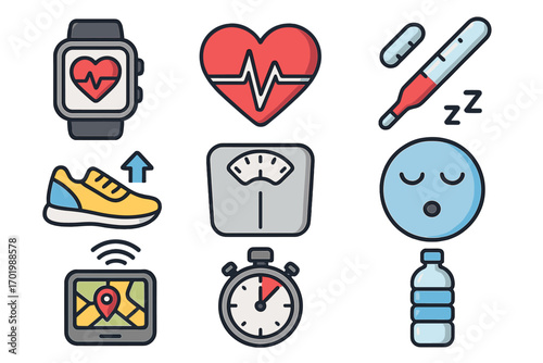 Health and fitness icon set for apps and wearables. Vector cartoon illustration of tracking features like heart rate, sleep, weight, steps, GPS, hydration and temperature.