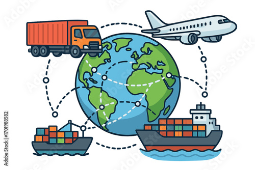 Global logistics network with land, sea, and air transportation. International shipping, freight transport by truck, cargo ship and airplane. Supply chain management vector.