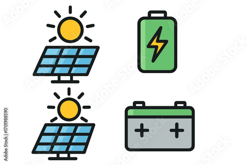 Solar power icons with sunlight and energy storage battery technology symbols for sustainable energy solutions, clean green electricity, renewable resource vector cartoon illustration