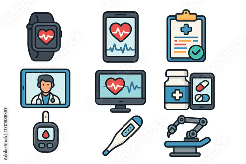 Health technology icon set for digital health, telemedicine, patient monitoring. Vector symbols for mHealth, eHealth apps, medical tools, robotic surgery, online doctor.