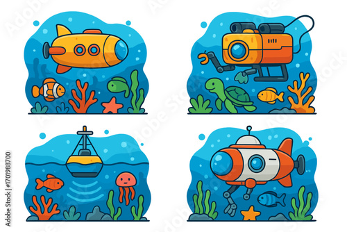 Vibrant marine technology and underwater aquatic life illustrations with submarine, underwater drone, research boat, fish, turtle, jellyfish, coral reef, ocean exploration vector set