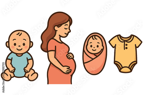 Pregnancy and motherhood stages icon set. Cute cartoon vector illustration of pregnant woman, newborn swaddled baby, infant and bodysuit clothing. Maternity and child concept.
