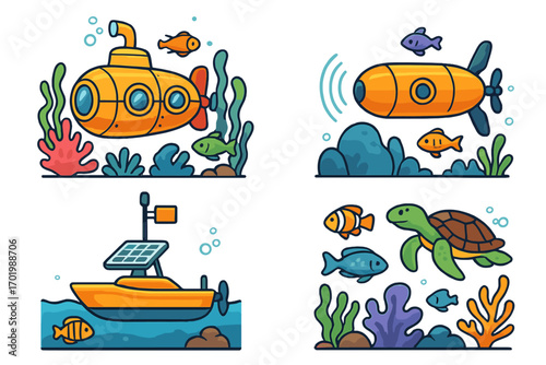 Colorful marine technology and aquatic life illustrations set, vibrant underwater scene with submarines, solar-powered boat, tropical fish, turtle, coral reef, vector cartoon design