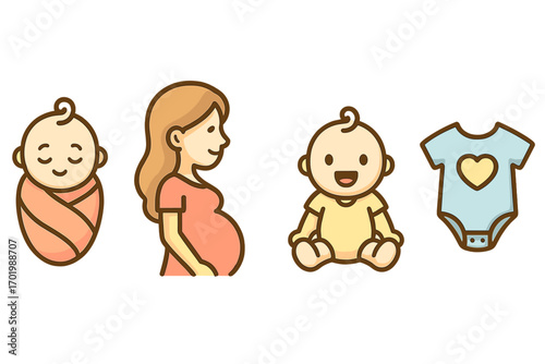 Pregnancy, motherhood, and baby development icon set. Cute cartoon vector illustrations. Stages of early childhood from newborn to infant with pregnant woman and clothes.