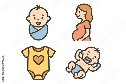 Baby and motherhood icon set. Vector concepts for pregnancy, maternity, newborn, and infant care. Flat cartoon illustration of pregnant woman, swaddled baby, and clothes.