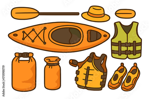 Kayaking gear set with paddle, life jackets, waterproof bags, hat, and shoes. Outdoor adventure equipment for canoeing, kayaking, water sports, summer activities vector illustration