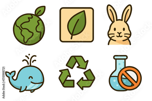 Cruelty-free and vegan icon set for natural products. Eco-friendly symbols for sustainability, recycling, and no animal testing. Environment conservation, planet care vector.