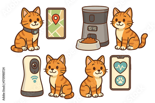Innovative pet technology tools for cat tracking, automatic feeding, health monitoring devices, smart pet care, GPS collar, pet camera, smartphone app, cartoon vector illustration