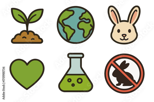 Cruelty free icon set. Not tested on animals symbol. Vegan, eco friendly, and natural product labels. Planet earth, plant sprout, and heart. Vector cartoon illustration pack.