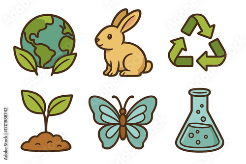 Nature icon set with planet earth, rabbit, and butterfly. Cruelty-free science and ecology symbols. Eco-friendly recycling and growth concept. Vector cartoon illustration.