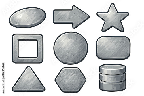 Metallic shapes vector set in various designs and polished textures, abstract collection of shiny silver geometric 3D icons with smooth reflective surfaces, cartoon style transparent background