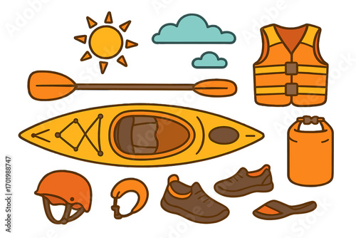 Kayaking gear vector set for outdoor adventure. Flat lay illustration of water sports equipment essentials. Collection with kayak, paddle, life vest, helmet, and dry bag.
