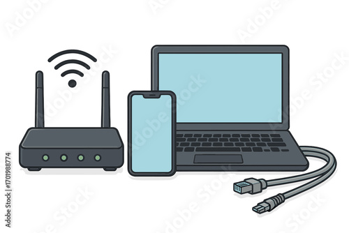 Modern technology setup with wireless router, laptop, smartphone, Ethernet cable for seamless connectivity, internet access, digital networking, vector cartoon illustration