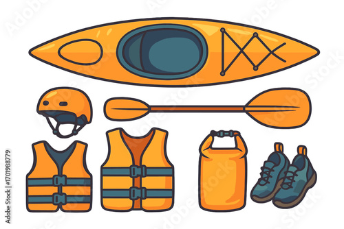 Kayaking equipment set. Water sport gear. Flat lay of kayak, paddle, life vest, helmet, dry bag. Concept outdoor adventure, travel, recreation. Vector illustration icons.