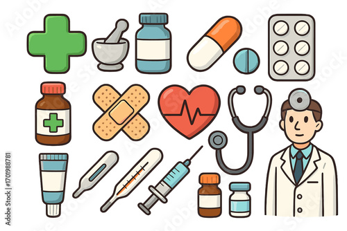 Medical icon set cartoon collection. Healthcare and pharmacy graphic elements. Vector illustration of doctor, pills, medicine, syringe, stethoscope, and first aid symbols.