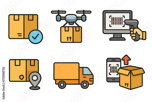 Logistics and delivery icon set. Shipping process with truck, drone, package tracking and barcode scanning. E-commerce order fulfillment concept. Vector cartoon illustration.