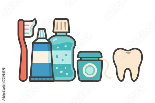 Oral hygiene essentials with toothbrush, toothpaste, mouthwash, dental floss, and tooth illustration, dental care set, oral health vector cartoon, white background