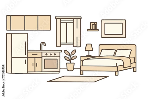 Minimalist studio apartment furniture collection. Vector line art illustration of kitchen and bedroom interior design elements. Isolated home living objects on a transparent background.