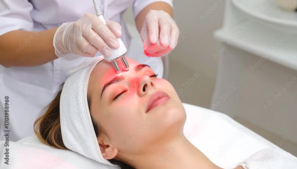 Naklejka premium A skincare specialist applies a facial treatment device to a woman's forehead, highlighting the calming and rejuvenating beauty session.