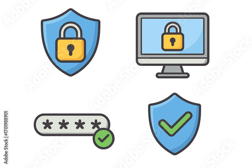 Security icons representing data protection and online safety measures with shield padlock, password verification, and secure computer system vector cartoon set with transparent background