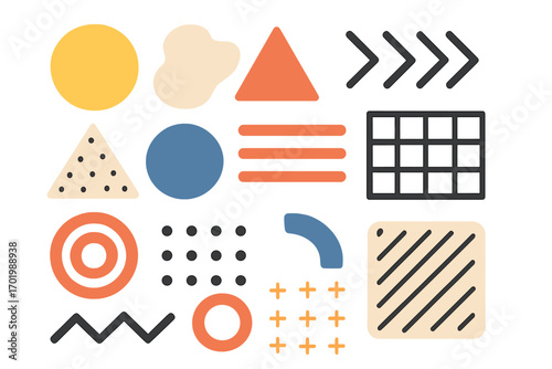 Abstract shapes and patterns set on minimalist white background, creative vector illustration for design projects and artistic inspiration, modern geometric and organic forms, vibrant colors