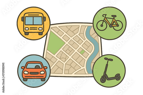 City transport choice concept with bus, car, bicycle, scooter icons on map. Urban mobility, public transportation, carsharing, bikesharing, eco friendly travel vector.