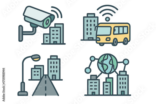 Smart city technology icons showcasing surveillance camera, public transport bus, urban infrastructure streetlight and road, and global connectivity network with buildings, vector cartoon illustration