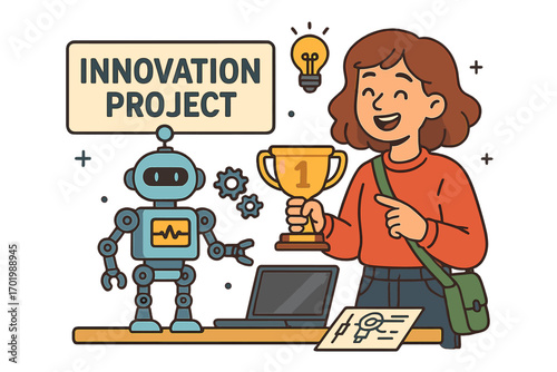 Student wins technology competition with a robot innovation project. Girl holding a trophy for engineering success. STEM education, creativity, and idea concept vector.