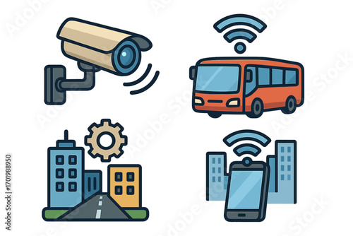 Smart city technology icons showing surveillance camera, public transport bus with wifi, urban infrastructure with gear, smartphone connectivity in modern city digital network vector cartoon