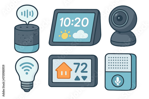 Smart home devices set showcasing modern digital functionalities with voice assistant, climate control, security camera, smart bulb, and video intercom in cartoon vector style