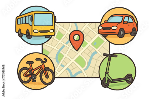 City transport options vector. Urban mobility concept with map, location pin. Icons of car, bus, bicycle, e-scooter. Public, shared, and personal transport choice concept.