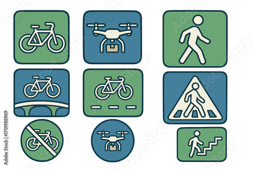 Transportation symbols for urban mobility options. Vector icon collection for bicycle infrastructure, bike lane, pedestrian crosswalk, stairs, and delivery drone service.