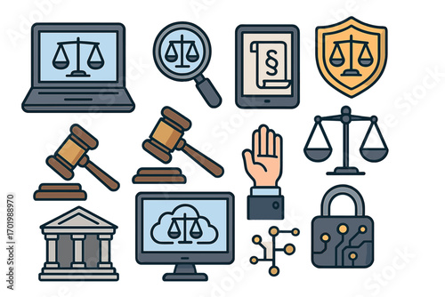 Law and technology icon set. Legal tech symbols. Justice, court, lawyer and cyber law concepts. Gavel, scales, computer, cloud, lock, shield icons. Vector illustration.