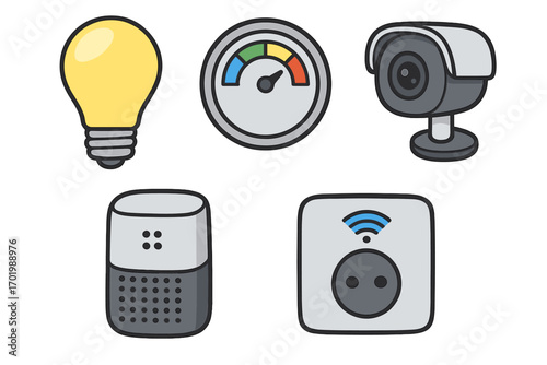 Smart home devices set including light bulb, energy gauge, security camera, voice assistant speaker, smart WiFi power plug, vector cartoon icons on white background
