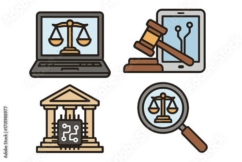 Lawtech icon set with legal technology symbols. Digital justice, online court, cyber law, and regulation concepts. Vector illustration of gavel, scales, and computer.