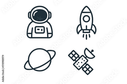 Minimalist Space Exploration Icons Set Featuring Astronaut, Rocket Launch, Ringed Planet, and Satellite Vector Cartoon Illustration with Transparent Background