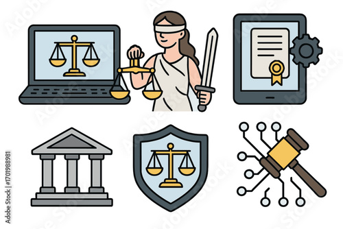 Legal tech icons set. Law and technology concept. Justice, court, and cyber law symbols. Lady Justice, gavel, scales on computer screen. Vector cartoon illustration.