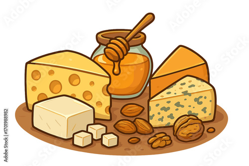 Cheese platter with honey, almonds, and walnuts. Vector cartoon of a gourmet food tasting. Appetizer plate with Swiss cheese, blue cheese, and cheddar. Dairy snack icon.