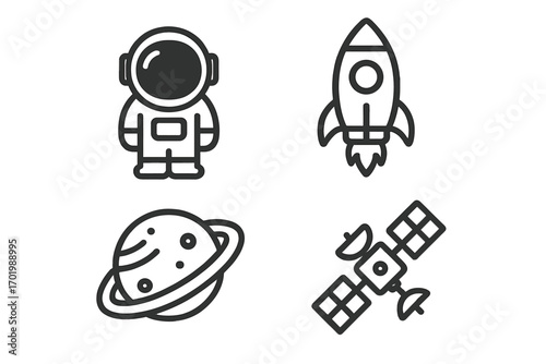 Space exploration icons featuring astronaut, rocket, planet with rings, and satellite minimal vector cartoon illustration set with transparent background for cosmic and astronomical designs