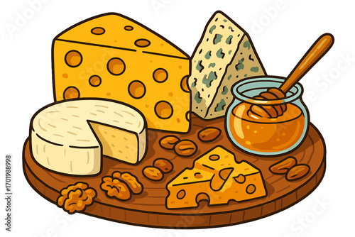 Cheese platter with various cheeses, honey, and nuts. Charcuterie board appetizer concept. Gourmet food tasting with brie, blue cheese, and walnuts. Vector cartoon illustration.