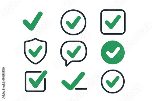 Variety of checkmark icons and symbols for approval, verification, validation, success. Minimalist green tick marks in different frames, shield, speech bubble, and circles. Vector illustration.