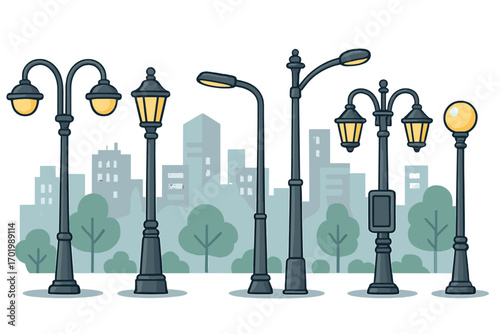 Various styles of street lamps in modern urban setting, unique classic and contemporary outdoor lighting fixtures, city park lanterns and streetlight designs, vector cartoon illustration