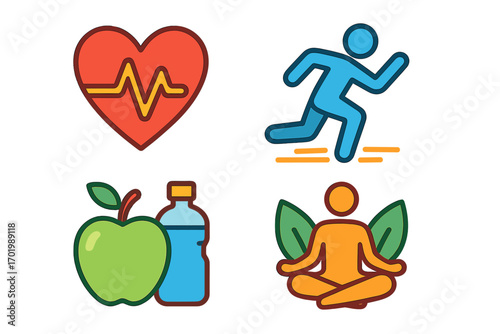 Colorful modern health and wellness icons set with heart pulse, running figure, healthy food and water, and meditation pose for active lifestyle and balance concepts