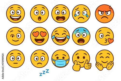 Various emoticons showing diverse emotions and reactions in a colorful, vibrant style for digital communication and social media, cartoon vector illustration with transparent background