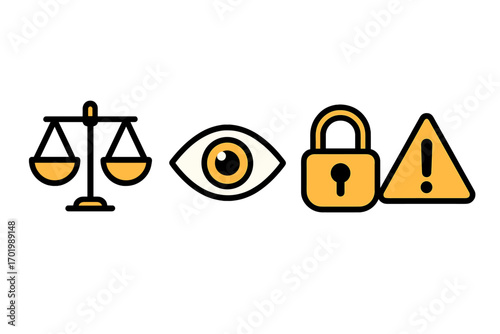Visual representation of legal and security concepts with balance scale, eye icon, padlock security symbol, warning alert sign, vector cartoon illustration, transparency effect