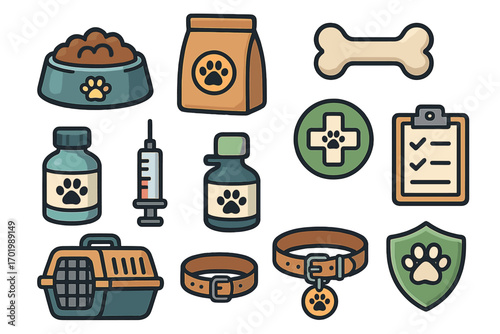 Pet care essentials icons set, vector cartoon illustration with dog food bowl, pet medicine bottles, syringe, bone, collars, pet carrier, health cross symbol, safety checklist, paw print shield