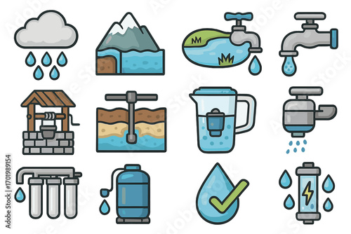 Water sources and purification methods illustrated with vector icons and symbols, water cycle, tap water, well, filtration systems, clean water concepts, educational cartoon background