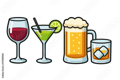 Colorful variety of drinks with wine glass cocktail beer mug whiskey glass with ice cartoon vector illustration transparent background ordered set